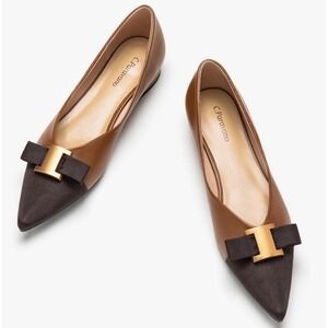 NWB C.PARAVANO Embellished Brown Vegan LEATHER Flats Metal Bow Pointed Toe 10.5